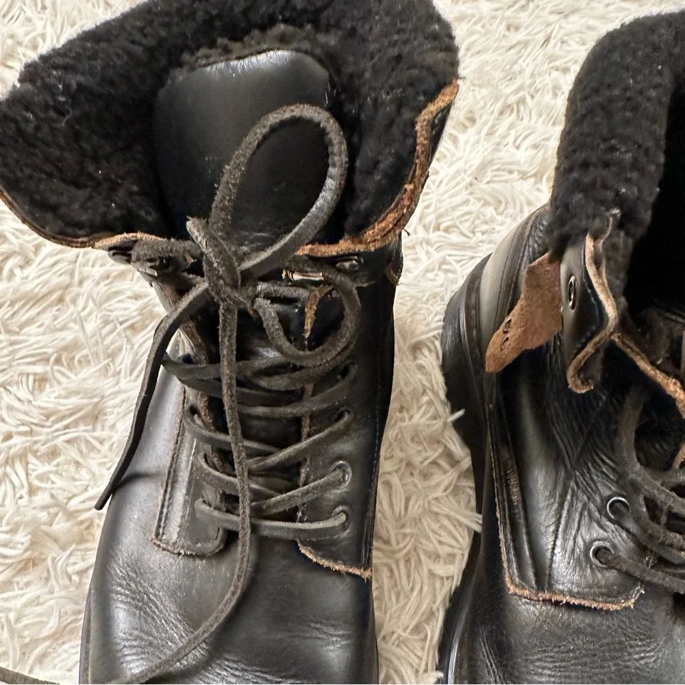 All Saints Lace Up Shearling Black Distressed Leather Boots size 44/11